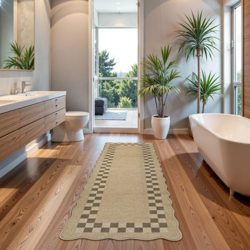 LIVEBOX Easy Jute Checkered Runner Rug for Kitchen, Scalloped Washable 2x6 Tan Rugs for Entryway, Geometric Indoor Outdoor Non Slip Rug Farmhouse Carpet Door Mat Area Rug for Porch Bedroom Hallway