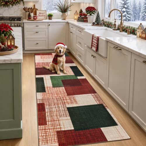 Washable 2x6 Christmas Runner Rug for Hallway Kitchen, Red-Green