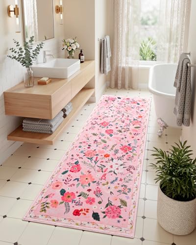 Floral Area Rug for Hallway, Washable 2.5x8 Pink Runner Rugs