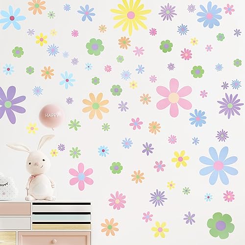 Kisston 90 Pcs Daisy Wall Decal Boho Decal Daisy Stickers Flower Wall Decals Removable Vinyl Decals Peel and Stick for Nursery Art Bedroom Home Decor(Pastel)