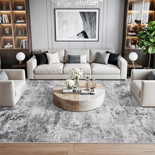 Living Room Rug 7x10 Abstract: Non Slip Washable Area Rugs Black Grey