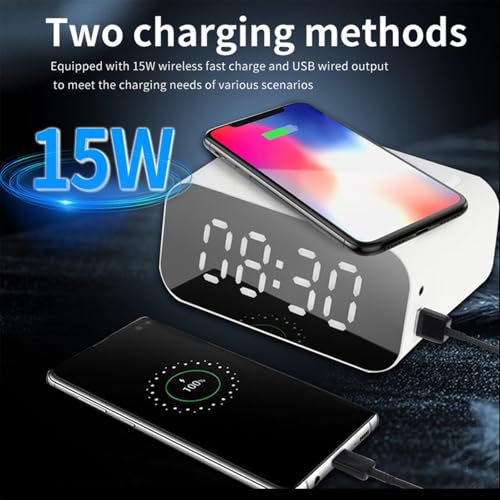 Multifunctional Wireless Charging Station with Bluetooth Speaker,Digital Alarm Clock,FM Radio,HD Display & Smart Noise-Cancelling Mic–Adjustable Brightness,Charge While Listening,BT510 White.