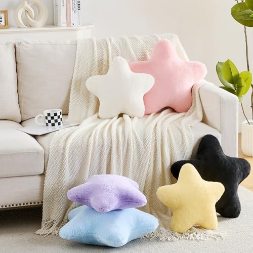 CANGHI Yellow Star Pillow 15.7" Faux Rabbit Fur Throw | Super soft plush decorative cushion, celestial shaped decor for couch, bed and living room. Cozy.