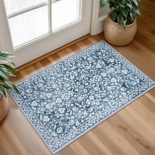 Vintage Entryway Rug 2x3, Blue and White Washable Accent Rug, Non-Slip Small Area Carpet, Floral Print Faux Wool Soft Door Mat for Indoor Entrance, Front Door, Kitchen, Bedside