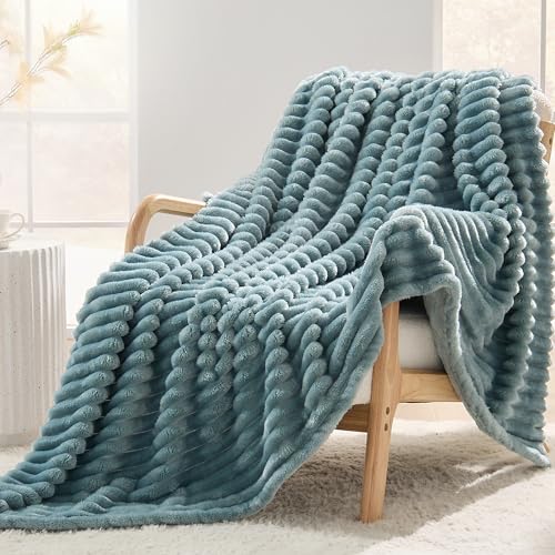 Dusty Blue Striped Throw Blanket, 330GSM Soft Plush Fleece Blanket for Couch Sofa Travel, Decorative Cozy Giftable Home Blanket, 50x70 Inches