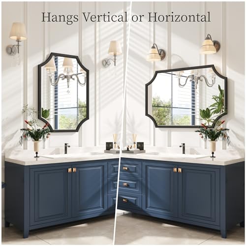 Kelly Miller 20"x28" Scalloped Black Bathroom Mirror for Wall Mount, Home Mirror | Elegant beveled vanity mirror with wavy edges. Perfect metal frame wall mirror for living room, bathroom & entryway.