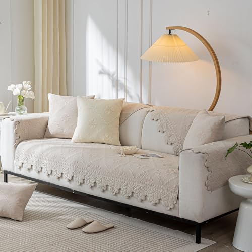 Cotton Quilted Dog Couch Cover for Sofa Farmhouse Rustic Embroidery Sectional Couch Cover Soft Anti-Slip Sofa Slipcover Furniture Protector for Kids, Pets (Khaki,28"x28")