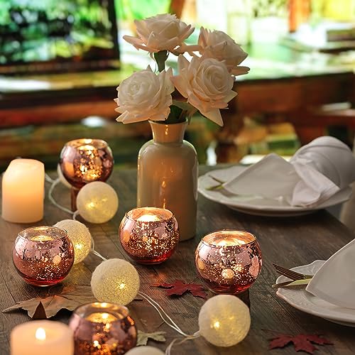 Round Rose Gold Votive Candle Holders, 12 Pcs Mercury Glass Votives