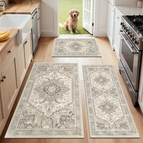 Washable Kitchen Runner Rugs Set of 2 with Non Slip Rubber Backing