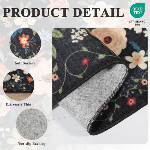 DUKINO 2x3 Rugs for Entryway, Floral Indoor Washable Door Mat, Non Slip Boho Small Rug for Kitchen, Soft Low Pile, Front Door Throw Rug for Entrance, Bedroom, Kitchen, Laundry, Bathroom, Black