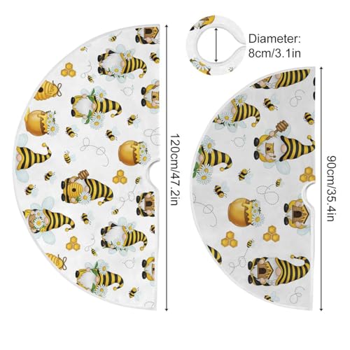Spring Gnomes Bee Tree Skirt 36" Yellow Honey Flowers Dwarf Christmas Tree Skirts Rustic Farmhouse Xmas Mat for Holiday Festival Party Decor