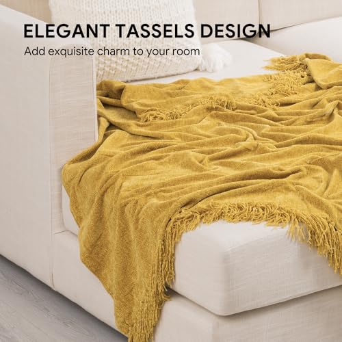 RECYCO Chenille Throw Blanket for Couch, 50"x60", Mustard Yellow