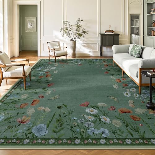 8x10 Area Rugs, Machine Washable Low Pile Floral Rugs for Living Room, Bedroom, Large Area Rug with Non-Slip Backing for Dining Room(Green)