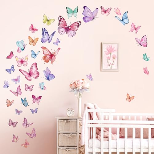 wondever Watercolor Butterfly Wall Stickers Colorful Butterflies Peel and Stick Wall Art Decals for Girls Bedroom Baby Nursery