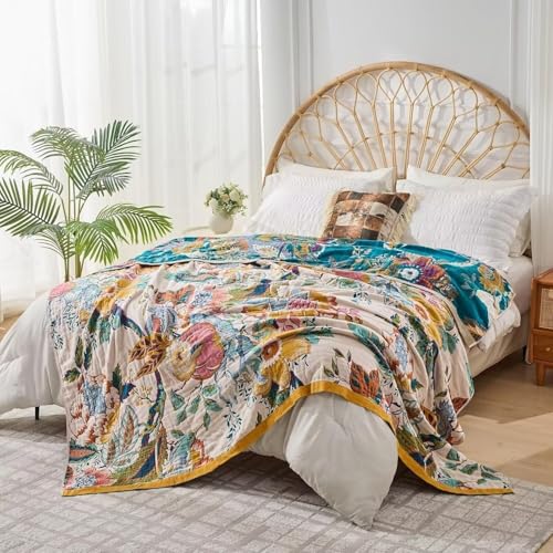 Boho Throw Blanket Farmhouse Decor Throw Blanket Bohemian Blanket for Bed 100% Cotton Muslin Woven Couch Blanket All Seasons Quilt Bedroom (C-Beige, 50"x60")