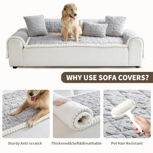 Fuzzy Couch Covers for Dogs, Non Slip Thick Dog Couch Cover Protector, Plush Pet Couch Covers for Sofa Washable, Soft Sofa Cushion Slipcovers Pet Friendly(1PC, Light Grey, 27.6”x70.9”)