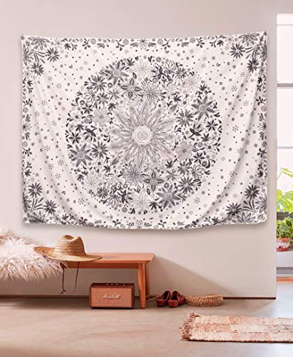 Neasow Bohemian Tapestry Wall Hanging, Beige White Floral Tapestry with Dotted Daisy Medallion Print Bedroom Boho Hippie Home Decor, 36×48 inches