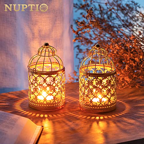 NUPTIO Vintage Hanging Birdcage Lantern, 6 Pcs Small Metal Tealight Holder