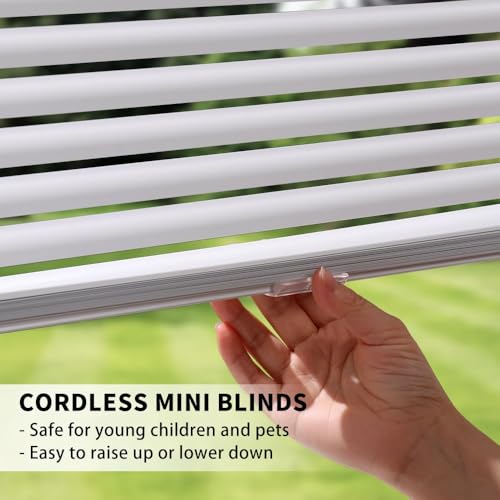 Aluminum Mini Blinds for Windows Cordless Horizontal Window Shades for Light Adjustment, Metal Venetian Blinds Waterproof for Bedroom, Bathroom, 22" W x 48" H, White