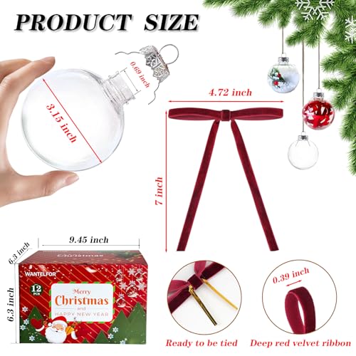 3.15 inch Christmas Balls with Velvet Bows,Clear Plastic Ornament Balls,DIY Fillable Ornaments Clear Ornaments for Crafts Fillable (12PCS)