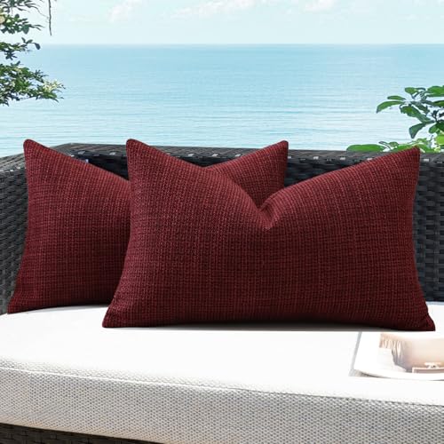 Artscope Outdoor Waterproof Throw Pillow Covers 16x24 Inch Decorative Linen Outdoor Pillows Cushion Case for Patio Couch Sofa - Wine Red
