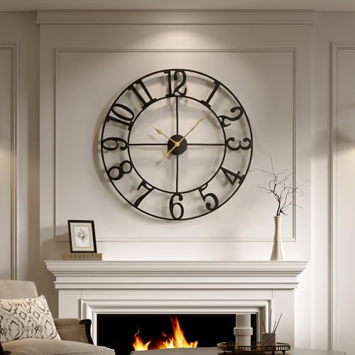 Cuspin Large Wall Clock for Living Room Decor, 30 Inch Wall Clock Battery-Operated Silent Non Ticking, Modern Black Decorative Metal Clock with Arabic Numerals