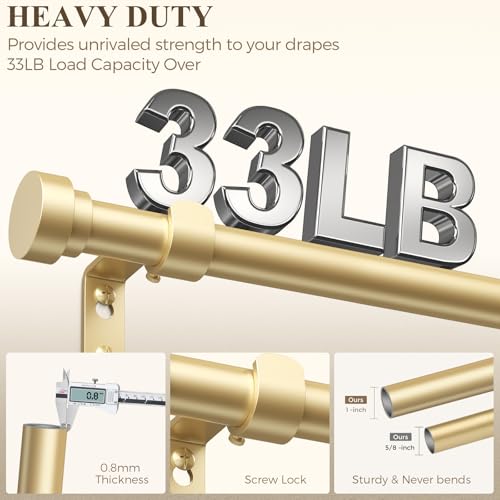 HEI! DEAR Gold Curtain Rods 72 to 144 Inch(6-12FT),1 Inch Long Curtain Rod,Adjustable Heavy Duty Curtain Rods,Modern Decorative Drapery Rods,Telescoping Window Single Curtains Rods 36-150",Brass Gold