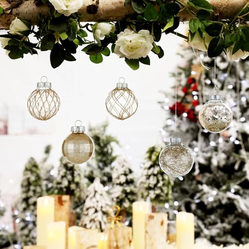 CristBest 30ct Christmas Ball Ornaments-60mm/2.36" Shatterproof Clear Plastic Xmas Balls Baubles Set with Stuffed Delicate Sparkling, Hanging Christmas Tree Decorations(Champagne Gold)