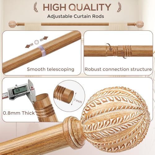 Wood Curtain Rod for Windows 48 to 84 Inch, 1'' Diameter Adjustable Heavy Duty Rustic Farmhouse Drapery Rods with Boho Imitation Wooden Grain Decorative Finials, Size: 30''-88'' – Light Wood