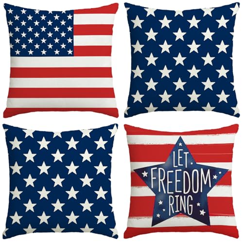 4th of July Pillow Covers 18x18 Inch,Set of 4 Red White Blue Summer Outdoor Throw Patriotic Pillow Covers,USA Flag Linen Fourth of July Independence Memorial Day Cushion Case for Sofa Couch Decor