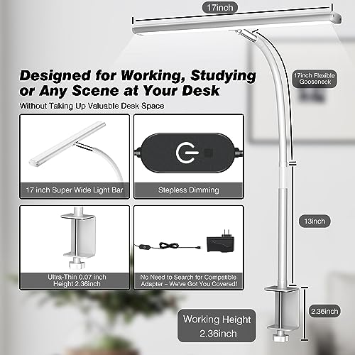 Airlonv LED Desk Lamp for Office Home, Eye-Caring Desk Light with Stepless Dimming Adjustable Flexible Gooseneck, 10W USB Adapter Desk Lamp with Clamp for Reading, Study, Workbench (White)