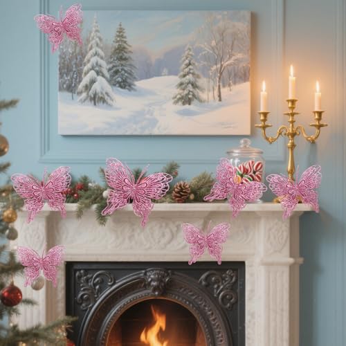 Christmas Tree Butterfly Ornaments Pink Glitter Butterfly Decorations Artificial Butterflies with Clip & Stem for Xmas Party Wreath Garland Decor - 12-Pack 5inch 3D Hollow Butterflies