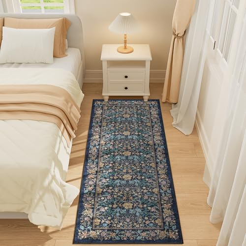 2x5 Rug Runner, Washable Vintage Floral Bathroom Rugs, Dark Blue