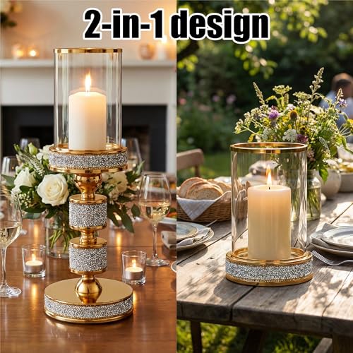 Hurricane Candle Holder, 13.5" Tall Metal Candle Stand, Glass Pillar Candle Holders, Crystal Gold Decorative Centerpieces for Table, Wedding and Dining Room (Fits Candles up to 3"x5", 2pcs, M)