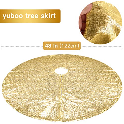yuboo Gold Christmas Tree Skirt, 48 Inch Sequin Xmas Tree Mat - Glitter Tree Collar Double Layers for Gold Christmas Decorations&Ornaments
