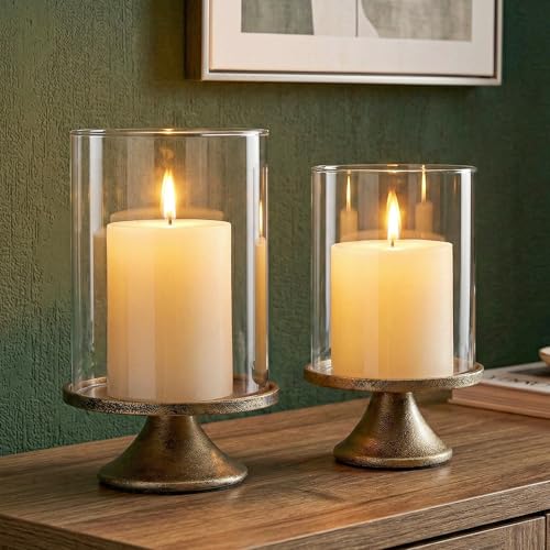 Set of 2 Hurricane Candle Holder Set with Glass Dome & Iron Base – Elegant Decorative Pillar Candle Holders for Living Room, Dining Room & Bedroom Centerpiece - Ideal Home Décor