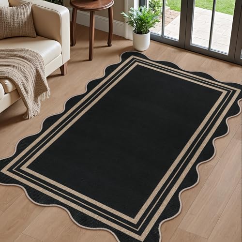 Scalloped Easy Jute 3x5 Outdoor Rug, Washable Rugs for Entryway Black Front Door Mat, Farmhouse Neutral Non Slip Indoor Carpet for Patio Living Room Backyard