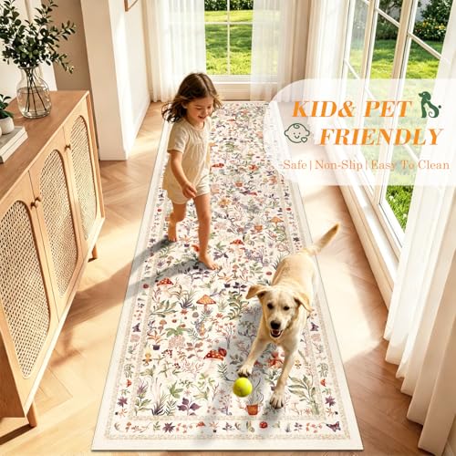 nesrt Fantasy Mushroom Runner Rugs for Hallway 3x10ft Non Slip, Washable Jungle Animal Print Doorway Rug Runner Low Pile, Forest Floor Carpet for Entry Kitchen Laundry Room Decor (Beige)