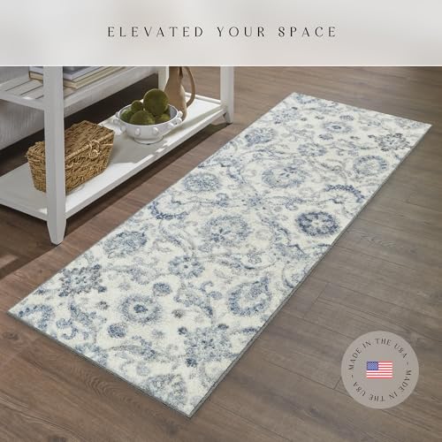 Maples Rugs Blooming Damask Runner Rug - Made in USA – Washable, Non Slip Indoor Carpet for Hallway, Kitchen, and Laundry Room, 2' x 6', Grey/Blue