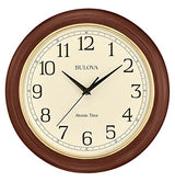 Bulova Atomic Time 2 Analog Wall Clock C5004 | 12.4" Wooden Frame, Sets Time Automatically | Quartz Movement | Battery Operated | Classic Design