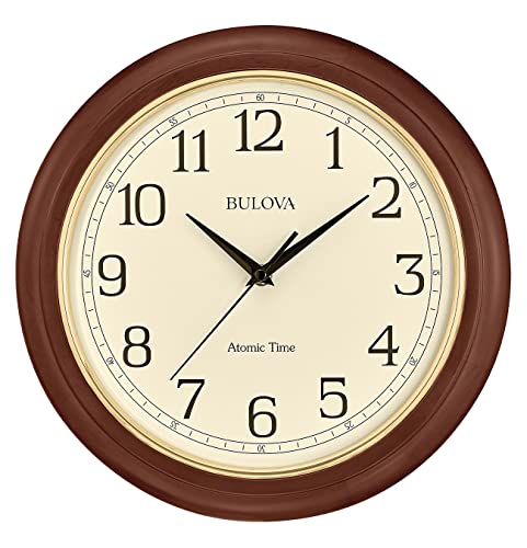 Bulova Atomic Time 2 Analog Wall Clock C5004 | 12.4" Wooden Frame, Sets Time Automatically | Quartz Movement | Battery Operated | Classic Design