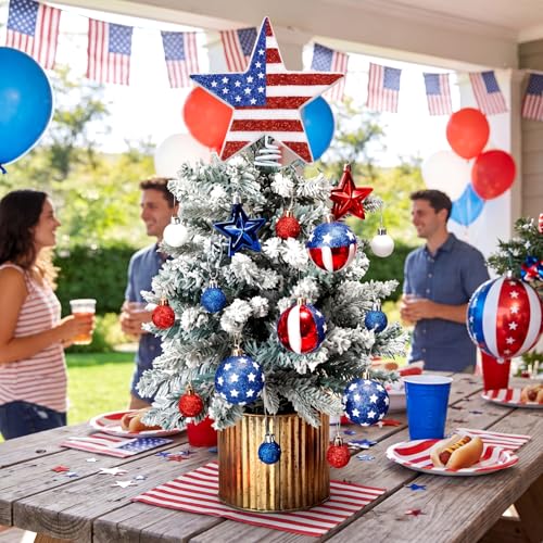 Gejoy 6 Inch 4th of July Tree Topper 250th Anniversary Glitter Star Tree Topper Patriotic American Flag Red White Blue Trees Decor for Indoor Outdoor Home Office Independence Day Memorial Day Decor
