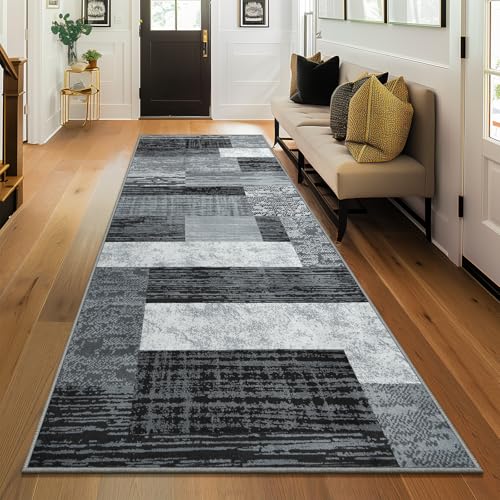 Indoor Washable Runner Rug with Rubber Backing, Modern Geometric Patchwork