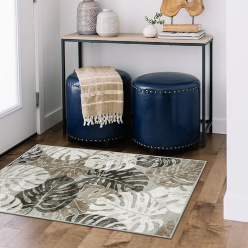 Wonnitar Tropical Washable Rugs 2x3, Non-Slip Leaf Rugs for Entryway Front Door Indoor Entrance, Monstera Plant Bath Mat Soft Low Pile Area Carpets for Bathroom Bedroom Decor, Khaki