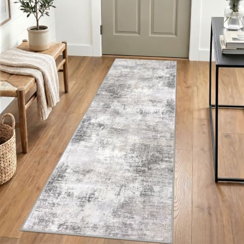 IOHOUZE Abstract Runner Rug 2x6 Ft Washable Runners for Hallways, Non Slip Kitchen Runner Printed Faux Wool Entryway Runner Indoor, Modern Abstract Floor Carpet for Hall Kitchen Bedroom, Grey Beige