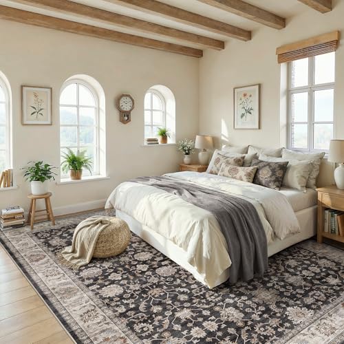 Washable Area Rug 10x14 Non-Slip Floral Boho Dining Carpet, Black