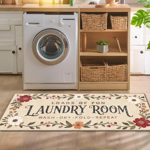 Laundry Room Rug 20"x47" – Low-Profile Boho Non-Slip Runner Rug with TPE Backing, Durable Washable Soft Laundry Mat, Comfortable Floor Mat for Laundry Room Organization, Fits Washer Front, Kitchen Mat