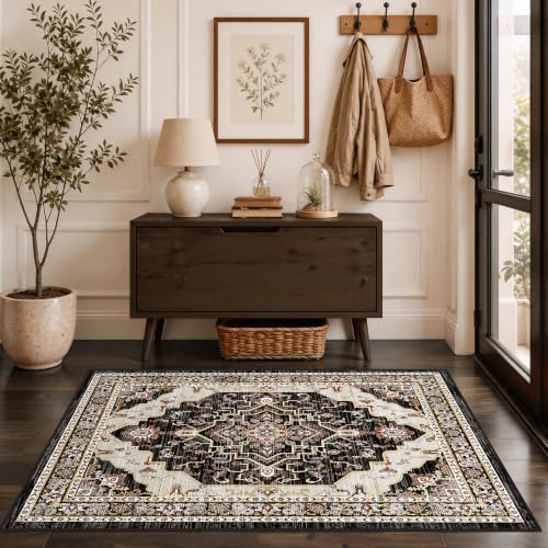 2x3 Washable Entryway Rug, Black Rusty Red