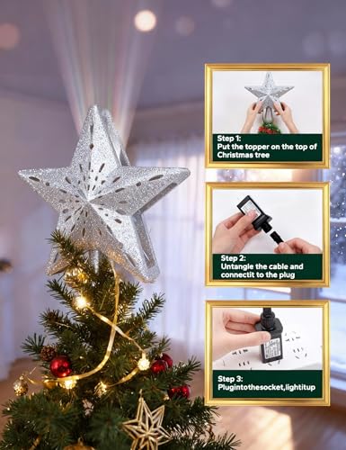 DG-Direct Christmas Tree Topper Lighted Star [Silver],3D Hollow Sparkling Star Christmas Tree Topper with Rotating Magic Cool White Snowflake Projector for Christmas Tree Ornament (Silver)