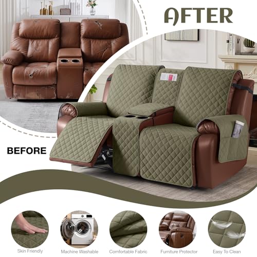 KinCam 100% Waterproof Recliner Loveseat Cover with Console X1, Recliner Couch Covers X1, Recliner Chair Covers X1(Gray Green)